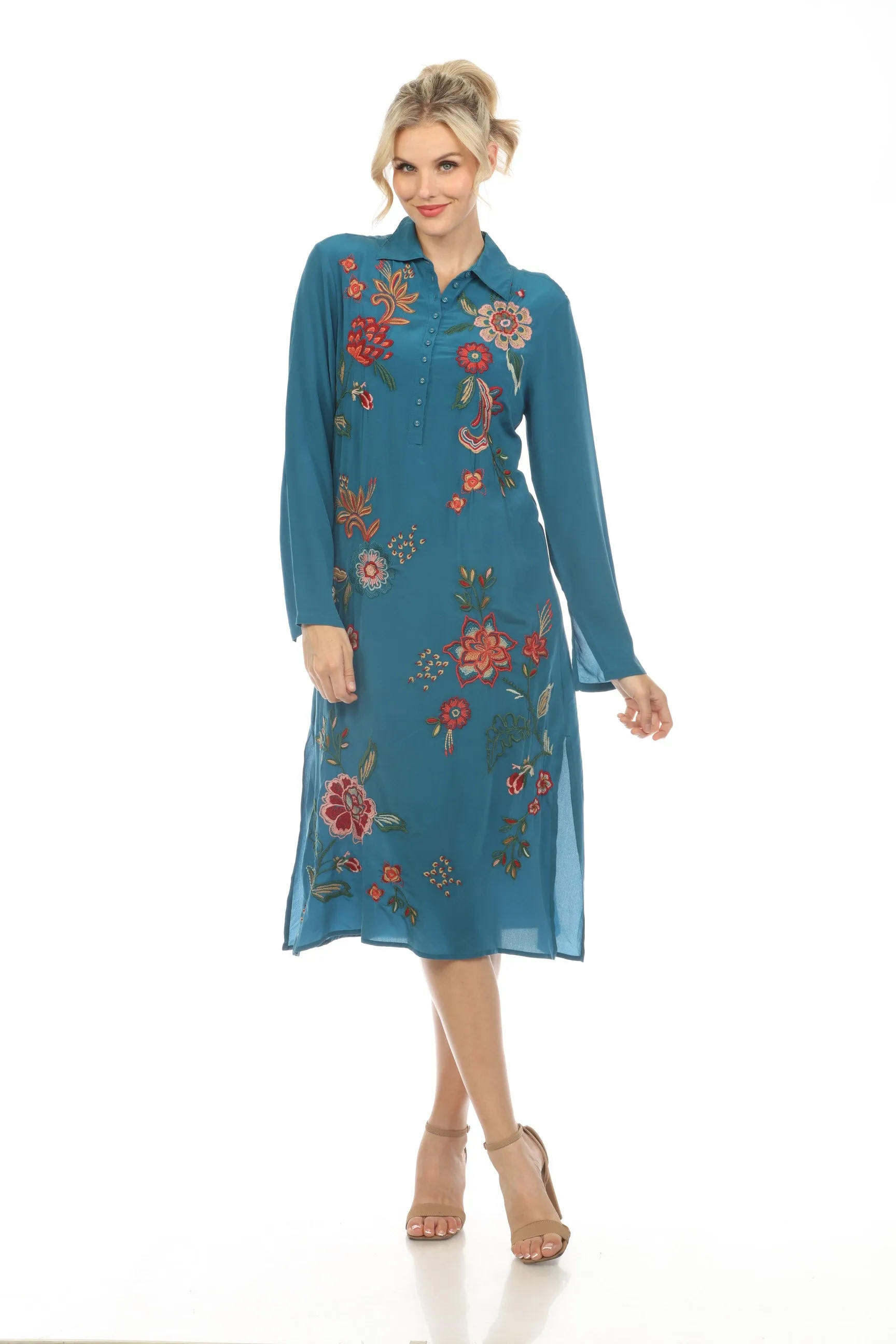 Johnny Was Workshop Embroidered Silk Midi Shirt Dress W39424 Boho Chic *