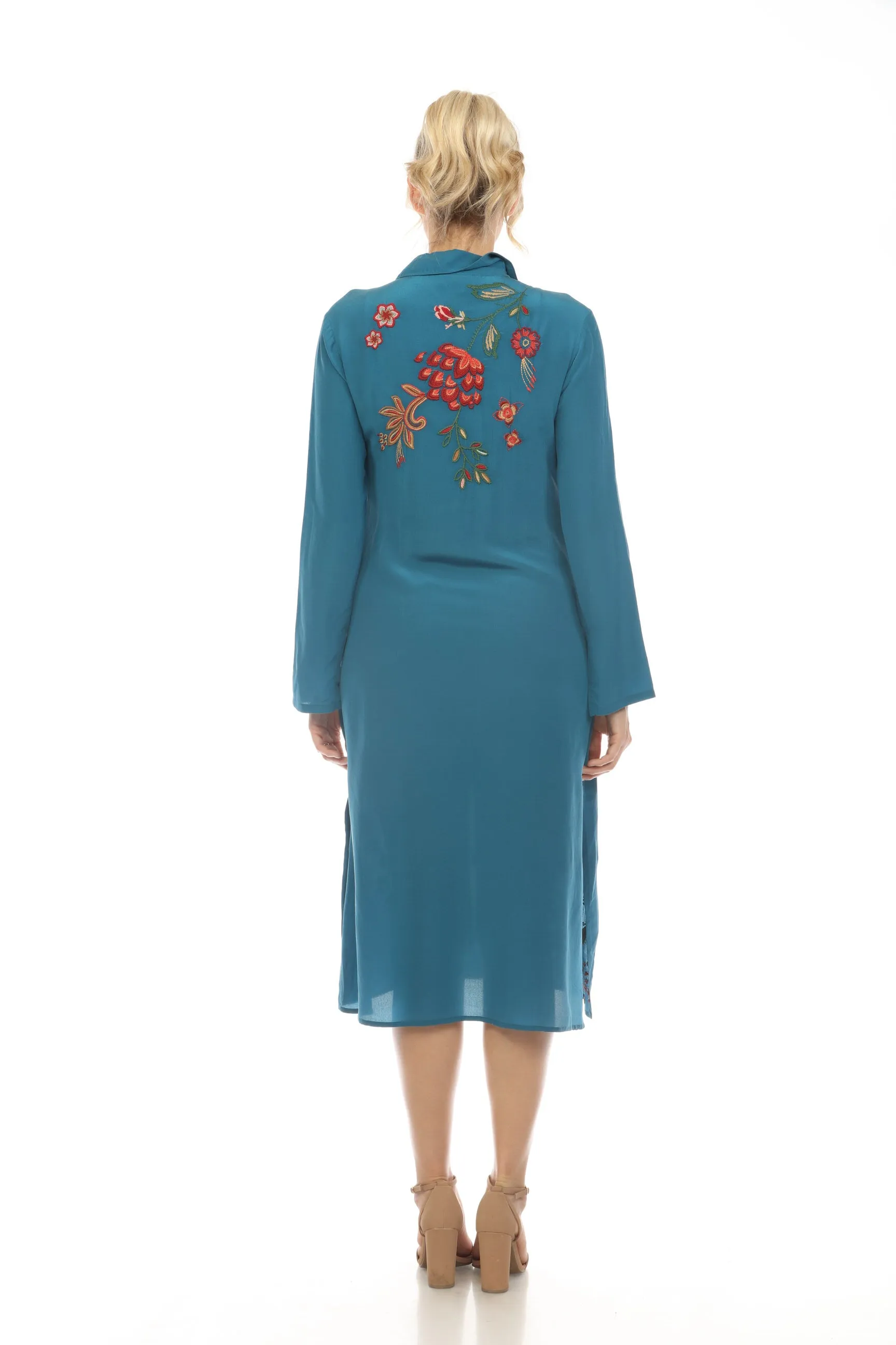 Johnny Was Workshop Embroidered Silk Midi Shirt Dress W39424 Boho Chic *