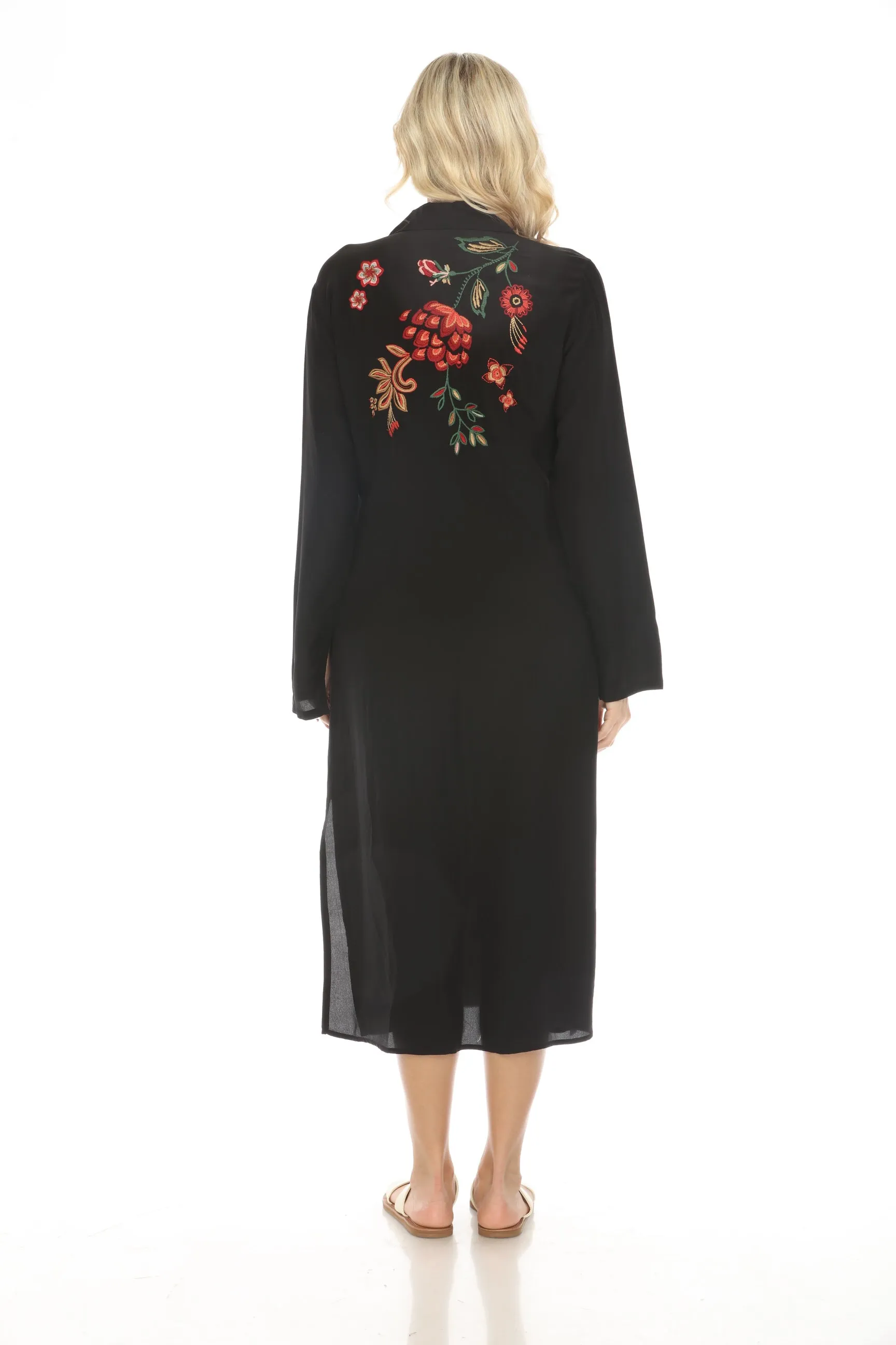 Johnny Was Workshop Embroidered Silk Midi Shirt Dress W39424 Boho Chic *