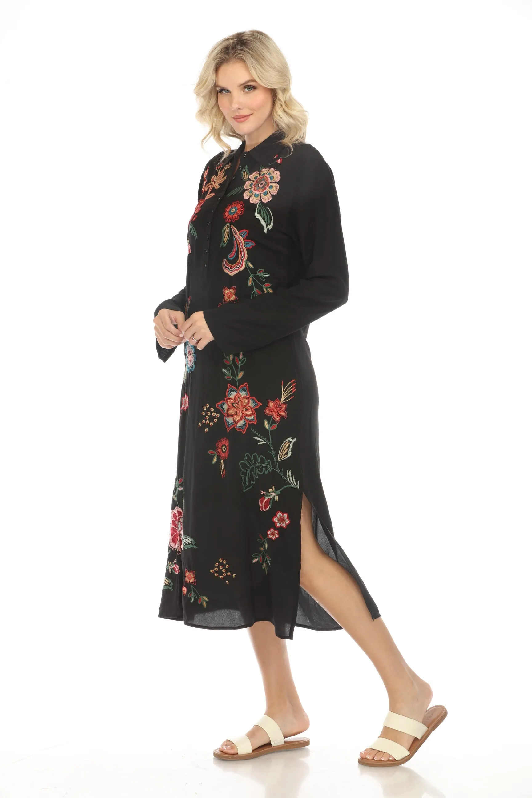 Johnny Was Workshop Embroidered Silk Midi Shirt Dress W39424 Boho Chic *