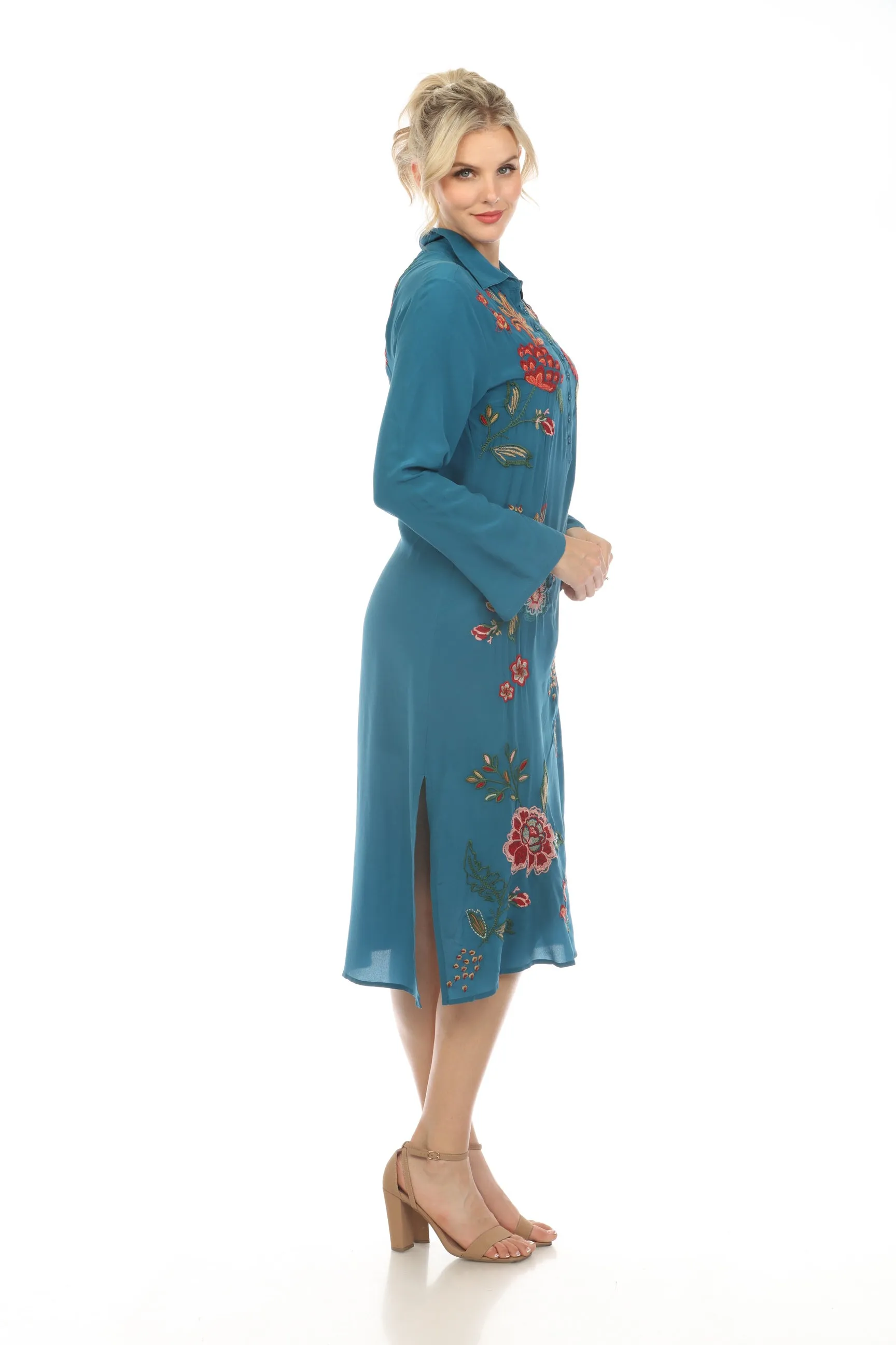 Johnny Was Workshop Embroidered Silk Midi Shirt Dress W39424 Boho Chic *