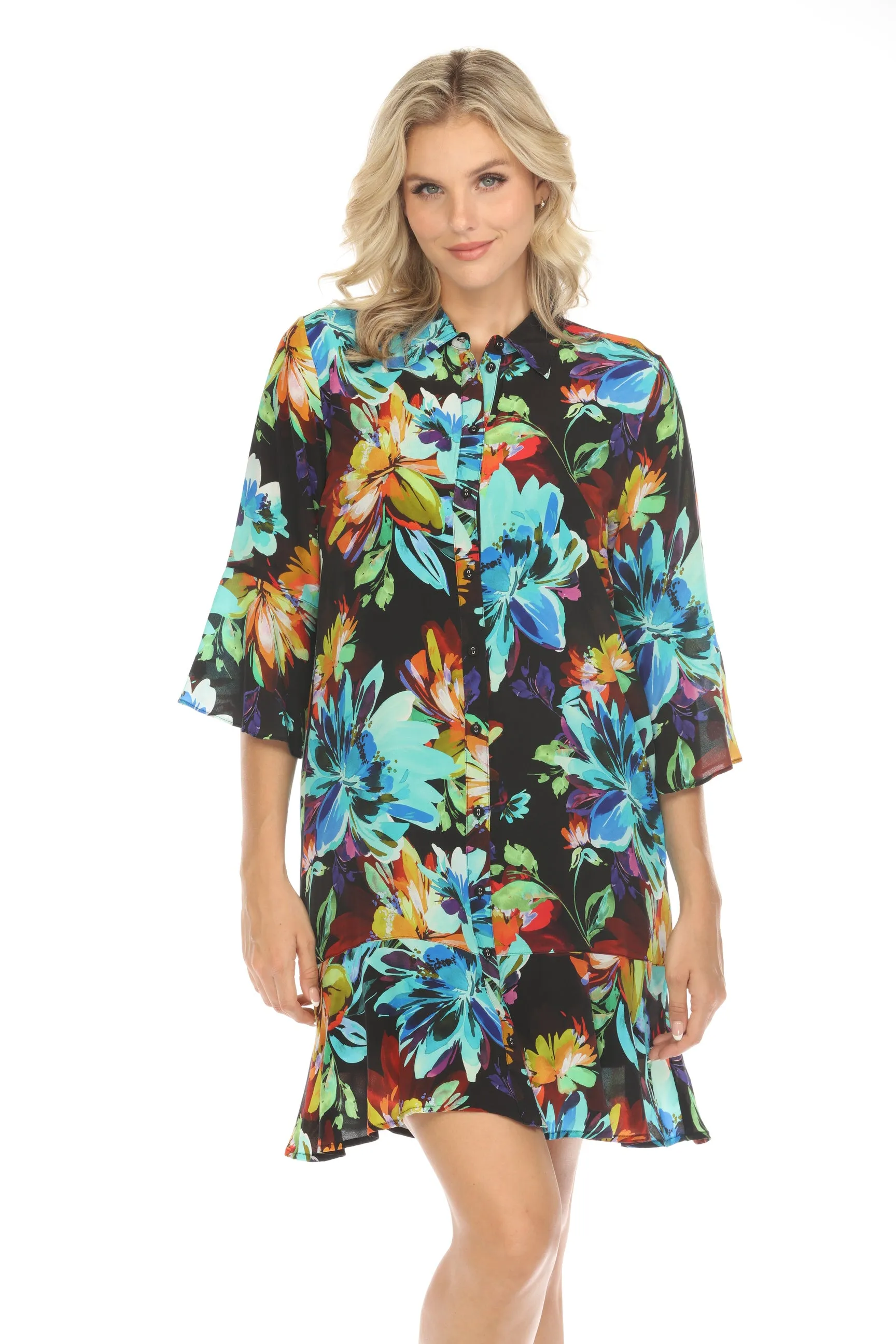 Johnny Was Workshop Floral Silk Shirt Dress W092424 Boho Chic