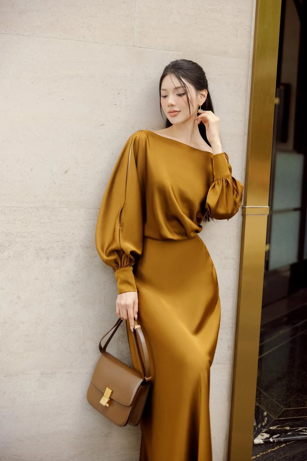 Kristina Blouson Split Sleeved Silk Satin Ankle Length Dress