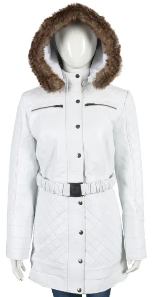 Leather Jackets Hub Womens Genuine Lambskin Leather Over Coat (White, Parka Coat) - 1722039