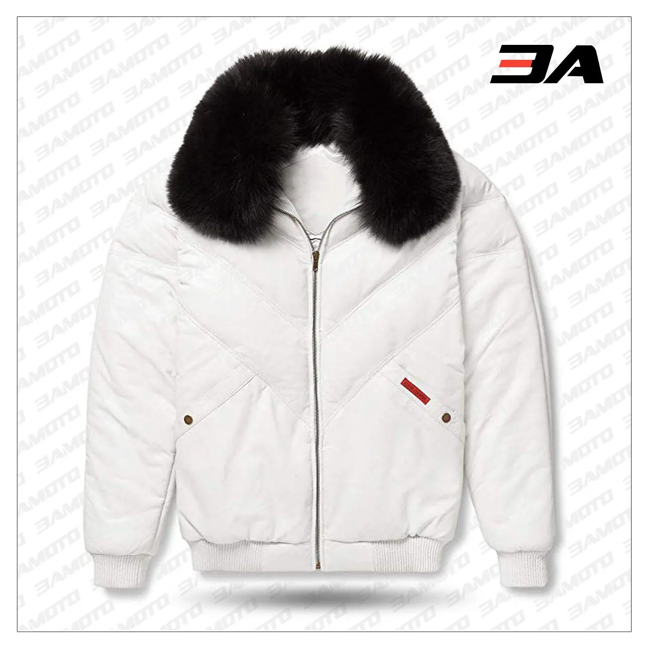 Leather V-Bomber Jacket White with Black Fox Fur