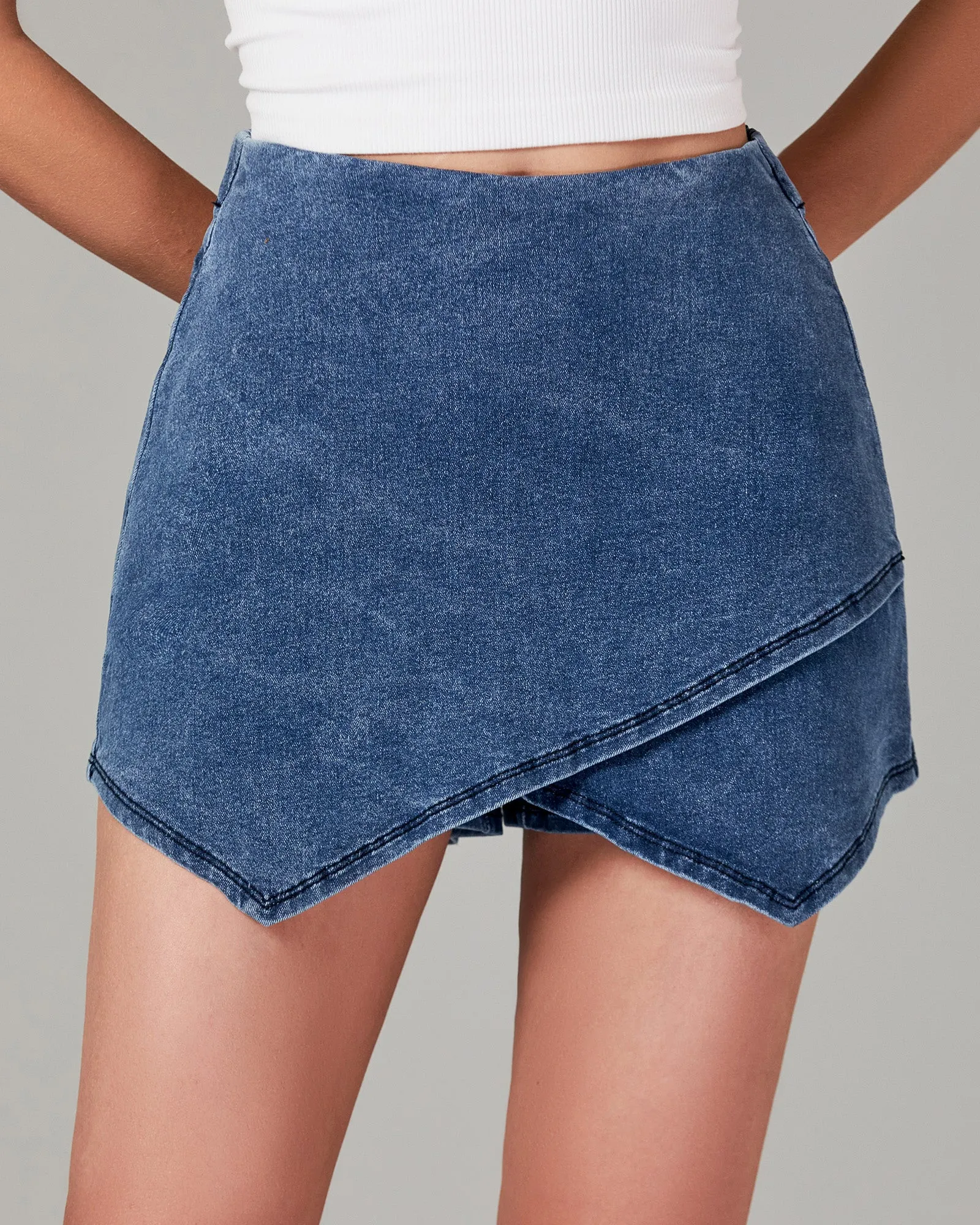 LUVAMIA Denim High Waisted Shorts Skort Stretch Asymmetrical Wrap Skirt