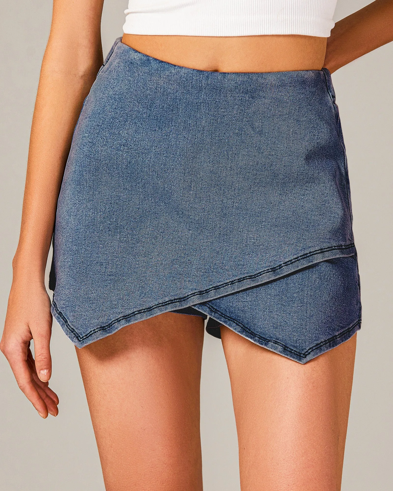 LUVAMIA Denim High Waisted Shorts Skort Stretch Asymmetrical Wrap Skirt