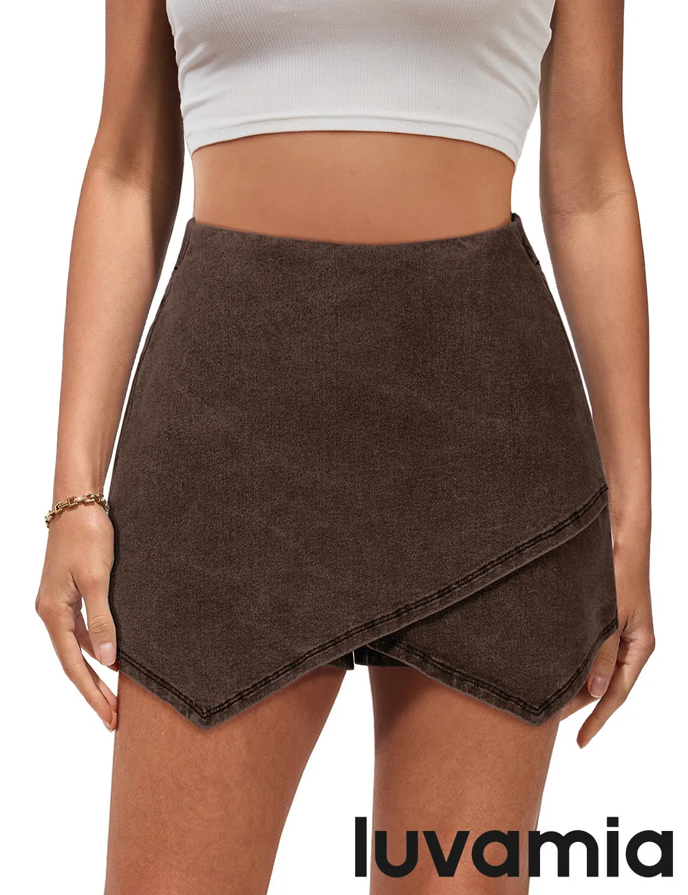 LUVAMIA Denim High Waisted Shorts Skort Stretch Asymmetrical Wrap Skirt