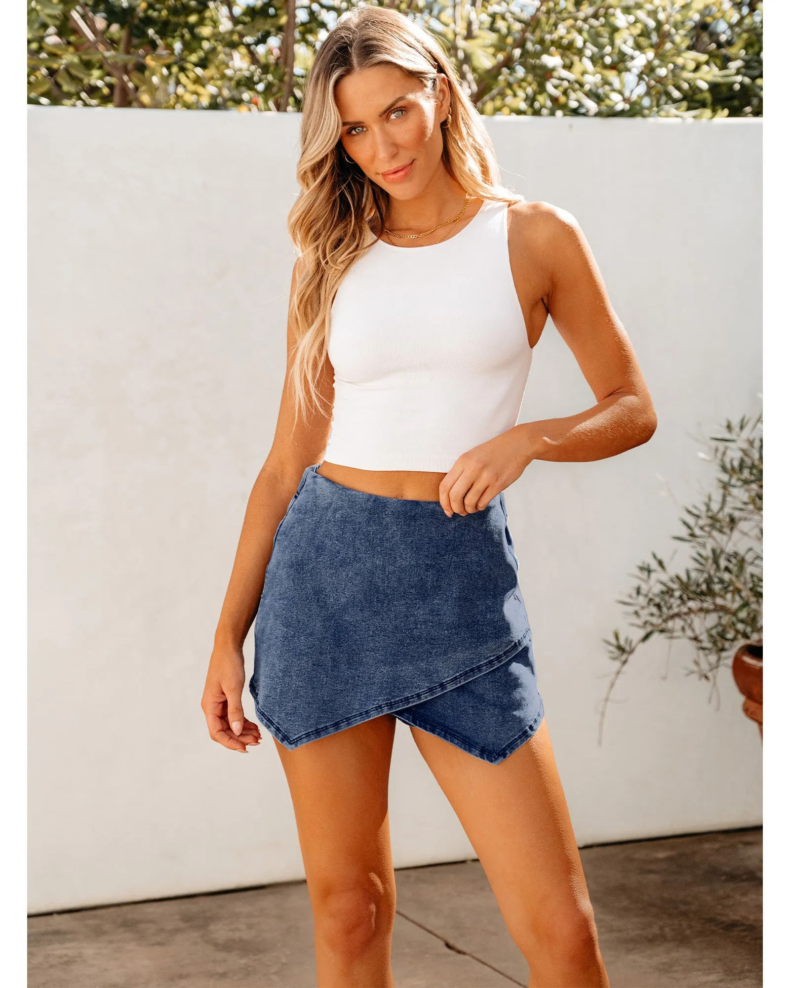 LUVAMIA Denim High Waisted Shorts Skort Stretch Asymmetrical Wrap Skirt