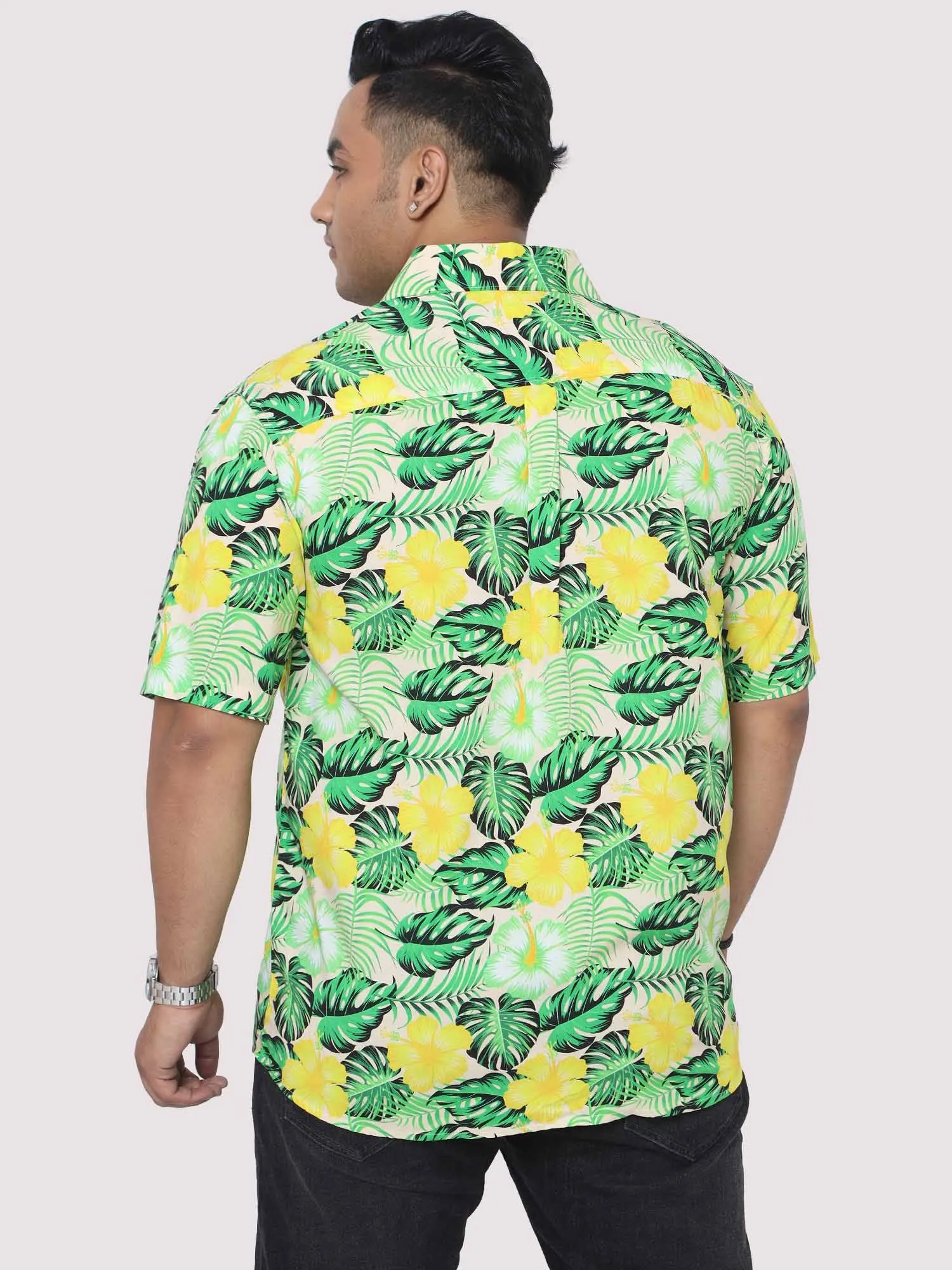 Men Plus Size Tropical Yellow Green Digital Printed Half Shirt