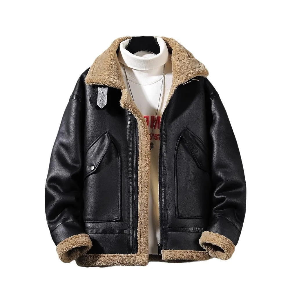 Men's Fashion Single-layer Fleece-lined Padded Jacket Lamb Wool Coat