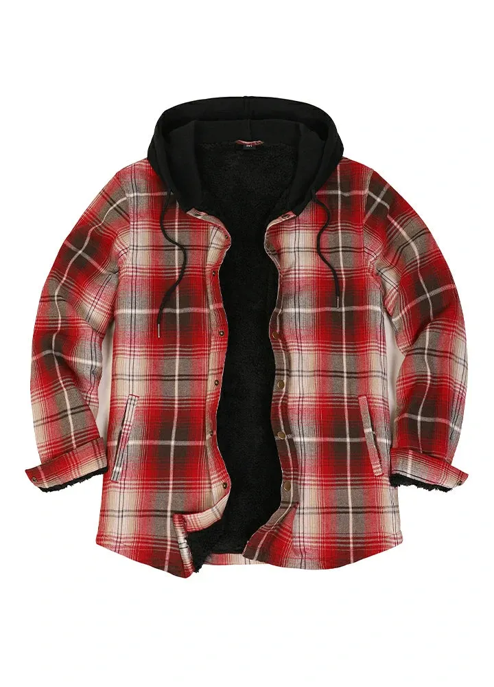 Men's Hooded Flannel Shirt Jacket,Snap Front,Sherpa-Lined Plaid