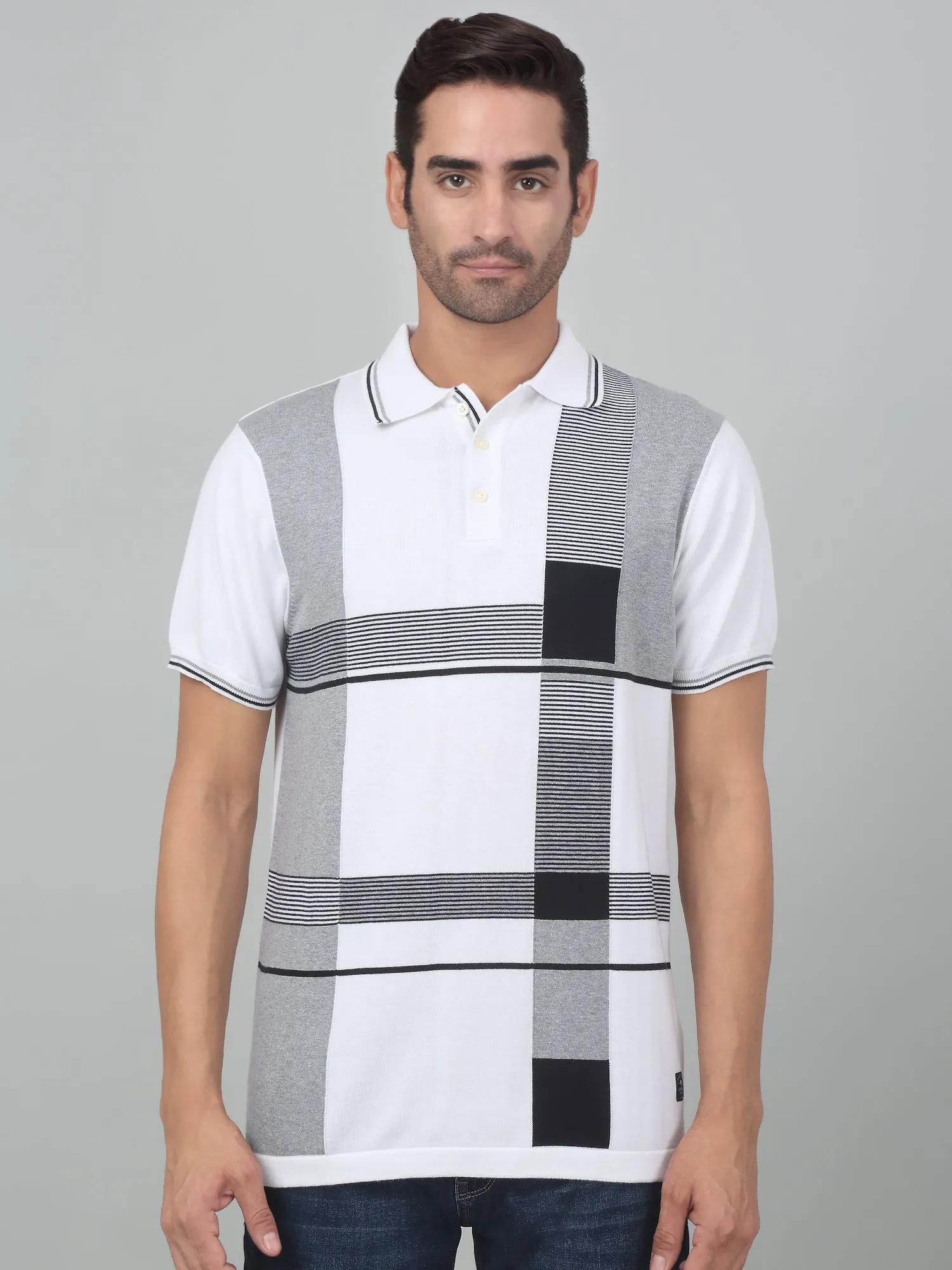 Men's Offwhite Check Polo neck Half Sleeve T-Shirt