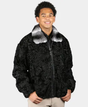 Men's Pre-Owned Black Persian Lamb Fur Jacket With Chinchilla Collar