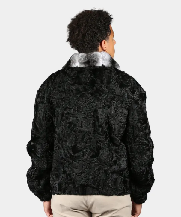 Men's Pre-Owned Black Persian Lamb Fur Jacket With Chinchilla Collar