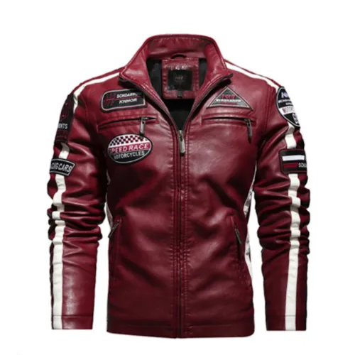 Men's Sustainable Vegan Leather Biker Jacket with Stylish Emblems