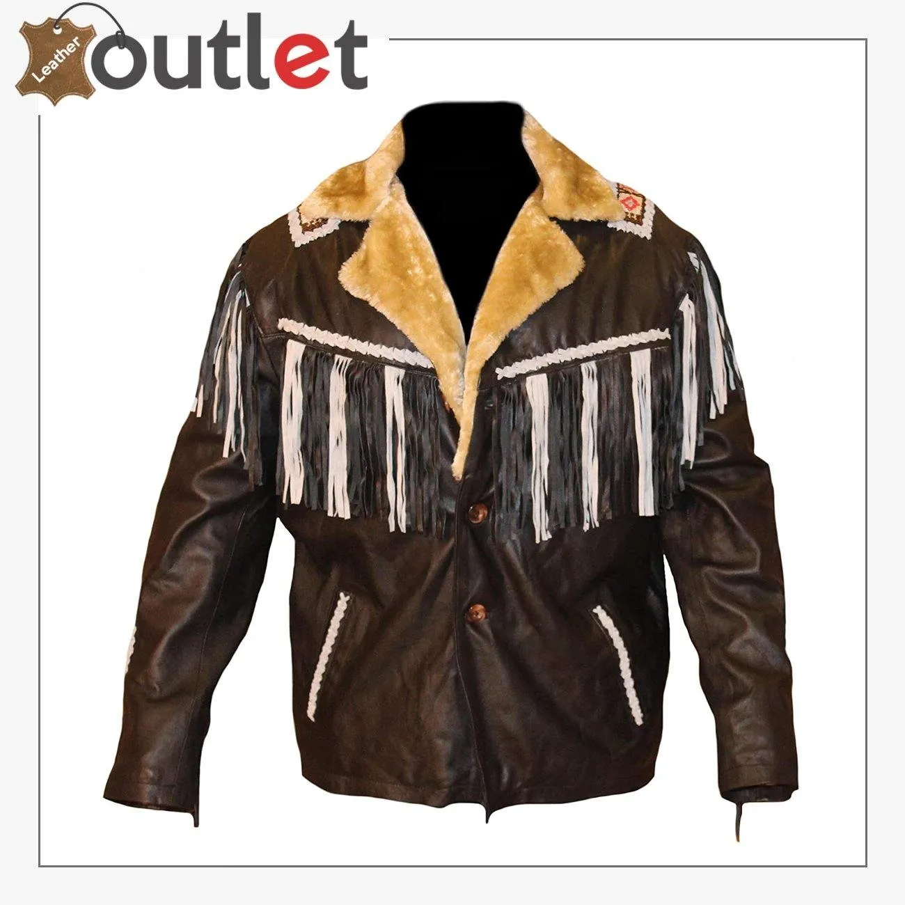 Mens Western Cowboy Fringed & Beaded Real Leather Jacket