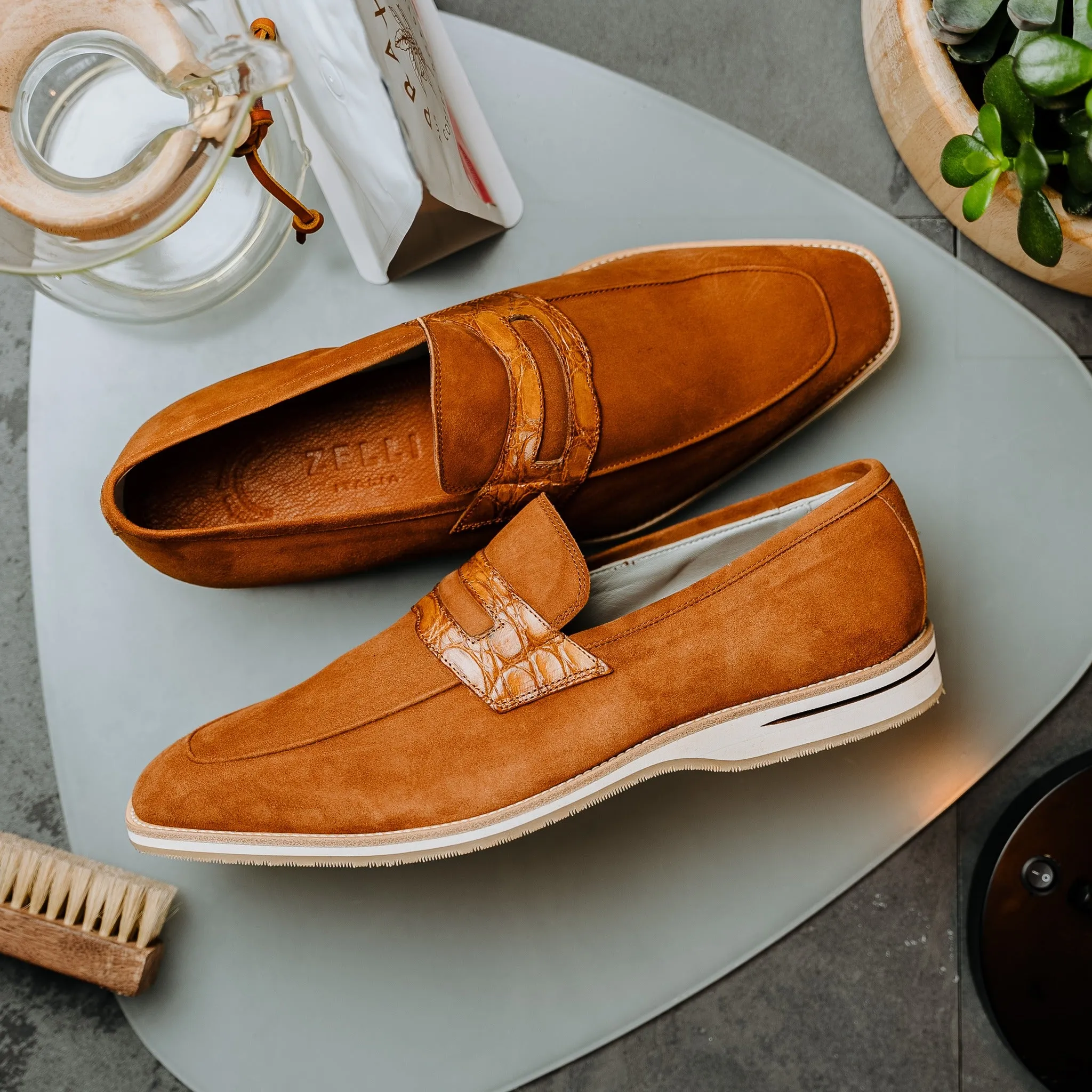 Meo 3 Sueded Goatskin Penny Loafer in Cognac by Zelli Italia