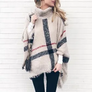 Mid-Length Fluffy Plaid Turtleneck Cozy Fringe Poncho