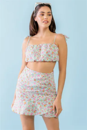 Mint Fuchsia Print Cotton Sleeveless Strappy Crop Top