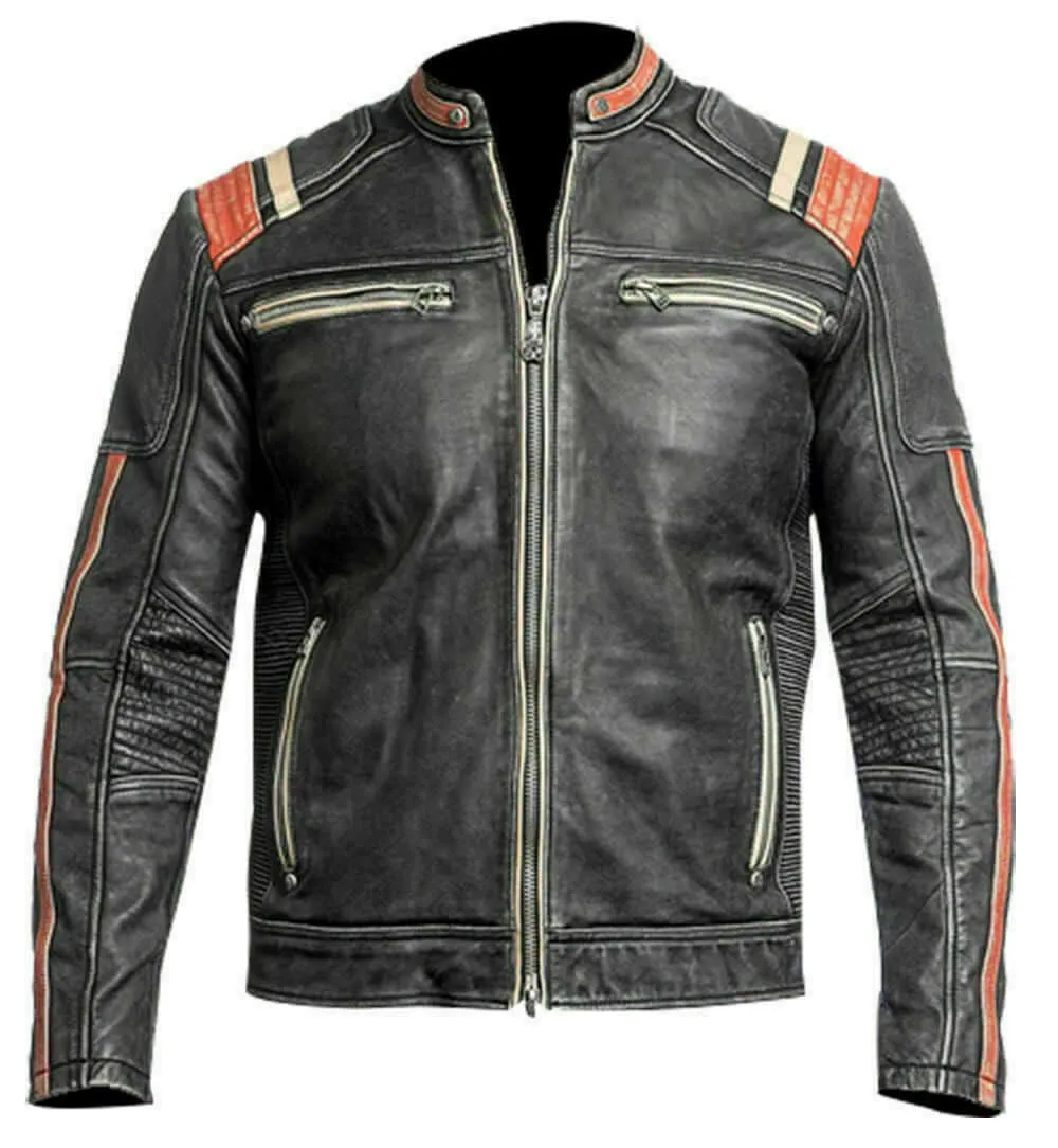 New Men's Retro 3 Cafe Racer Biker Vintage Motorcycle Distressed Moto Leather Jacket