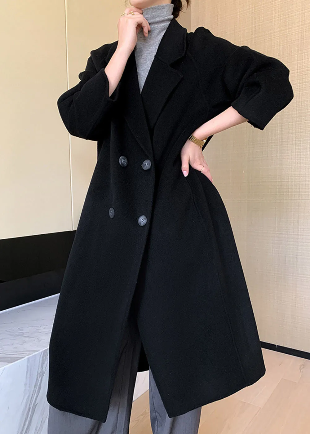 Noelle Double Breasted Button Wool Long Coat