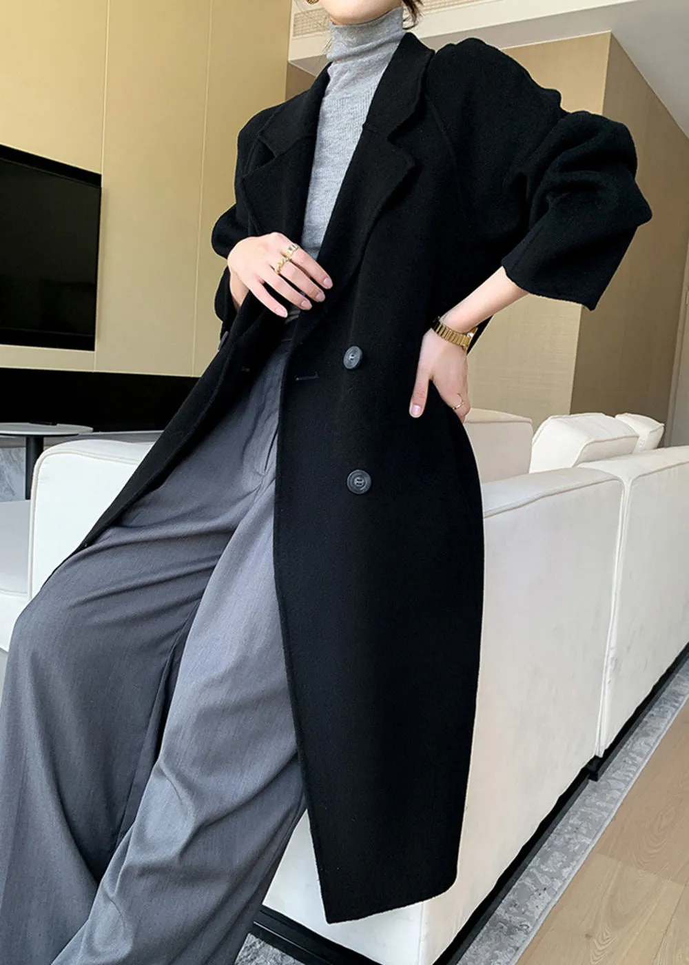 Noelle Double Breasted Button Wool Long Coat