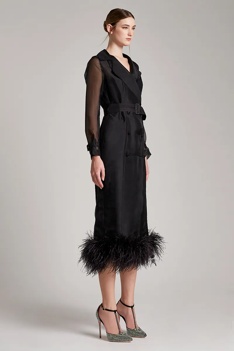 Ostrich Feather Embellished Silk Gazar Slim Midi Trench Dress in Black