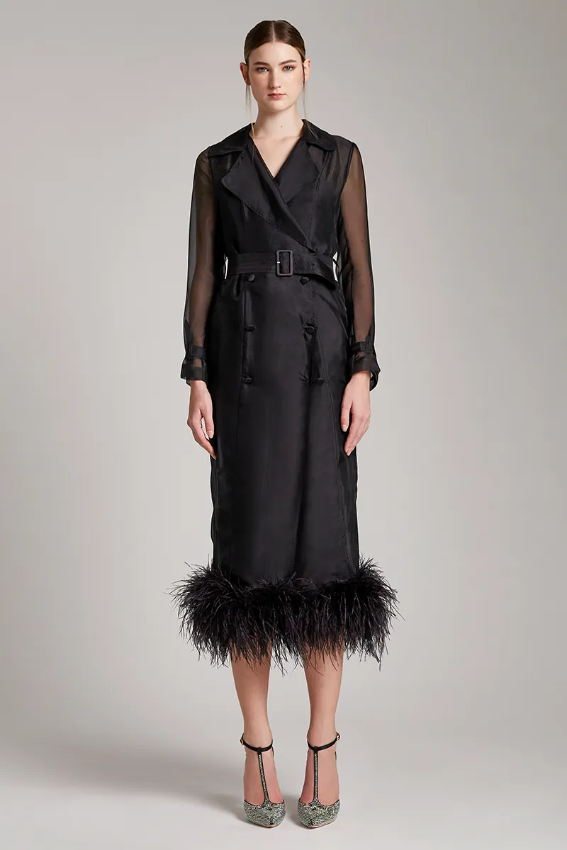 Ostrich Feather Embellished Silk Gazar Slim Midi Trench Dress in Black