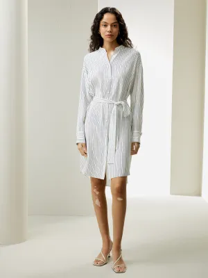 Pinstriped Silk Shirtdress with Belt