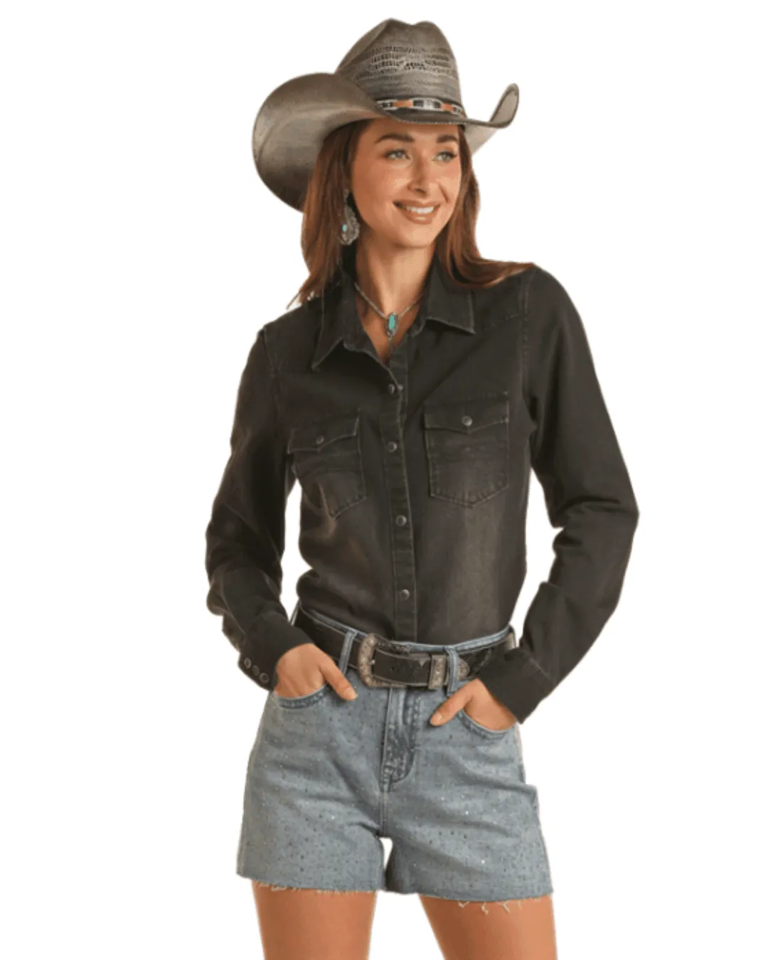 Rock and Roll Cowgirl Women's Rough Stock Black Denim Long Sleeve Snap Up Western Shirt BWN2S03703