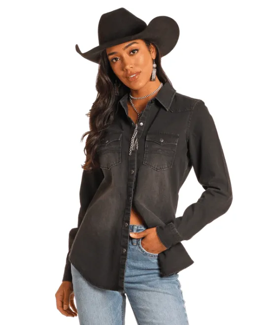 Rock and Roll Cowgirl Women's Rough Stock Black Denim Long Sleeve Snap Up Western Shirt BWN2S03703