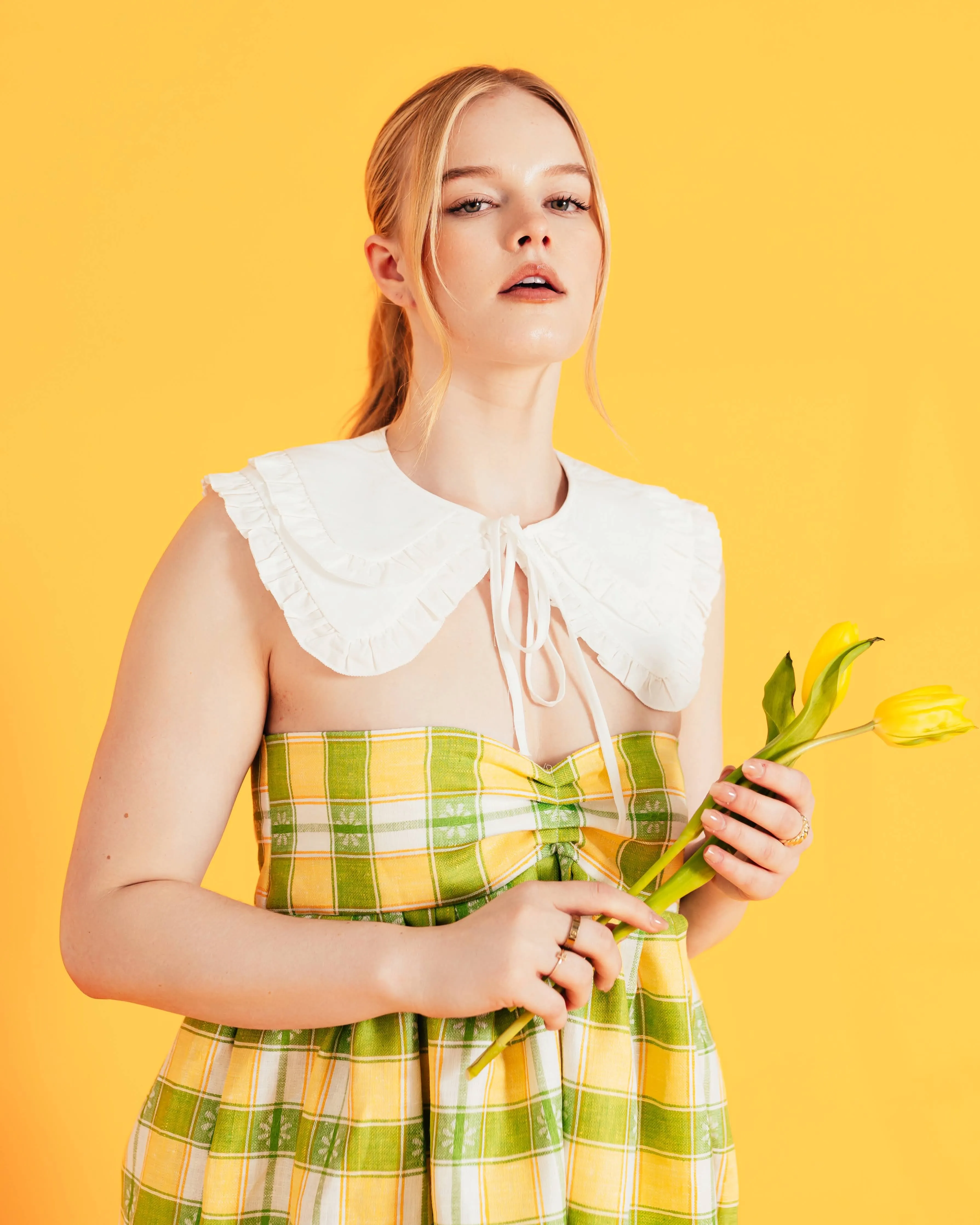 Roxy Long with Silk Chord Straps Plaid Floral Linen by Madeline Marie