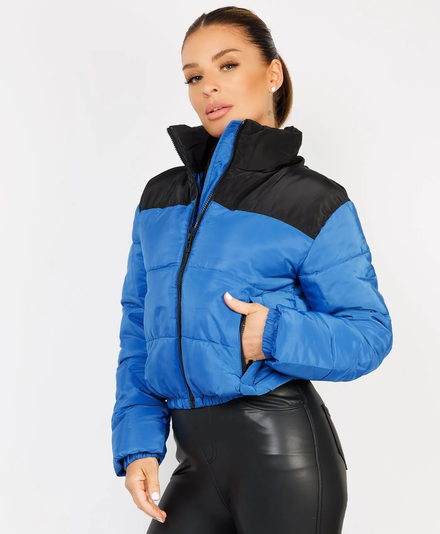 Royal Blue Colour Block Padded Zipped Puffer Bomber Jacket