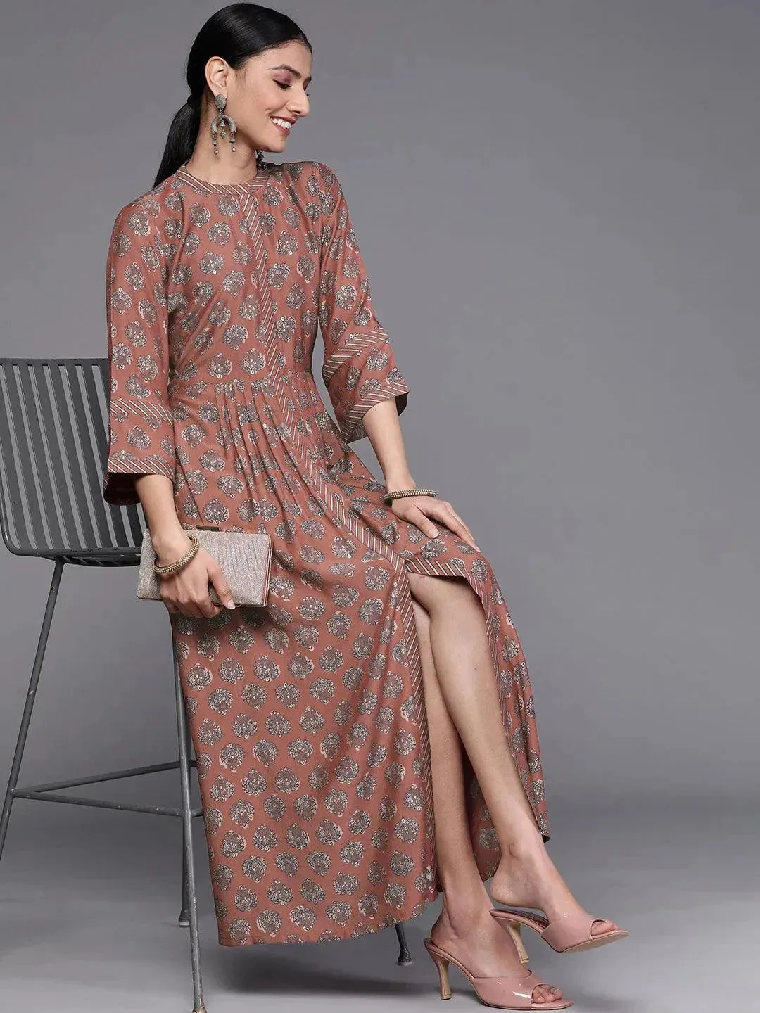 Rust Printed Silk Dress