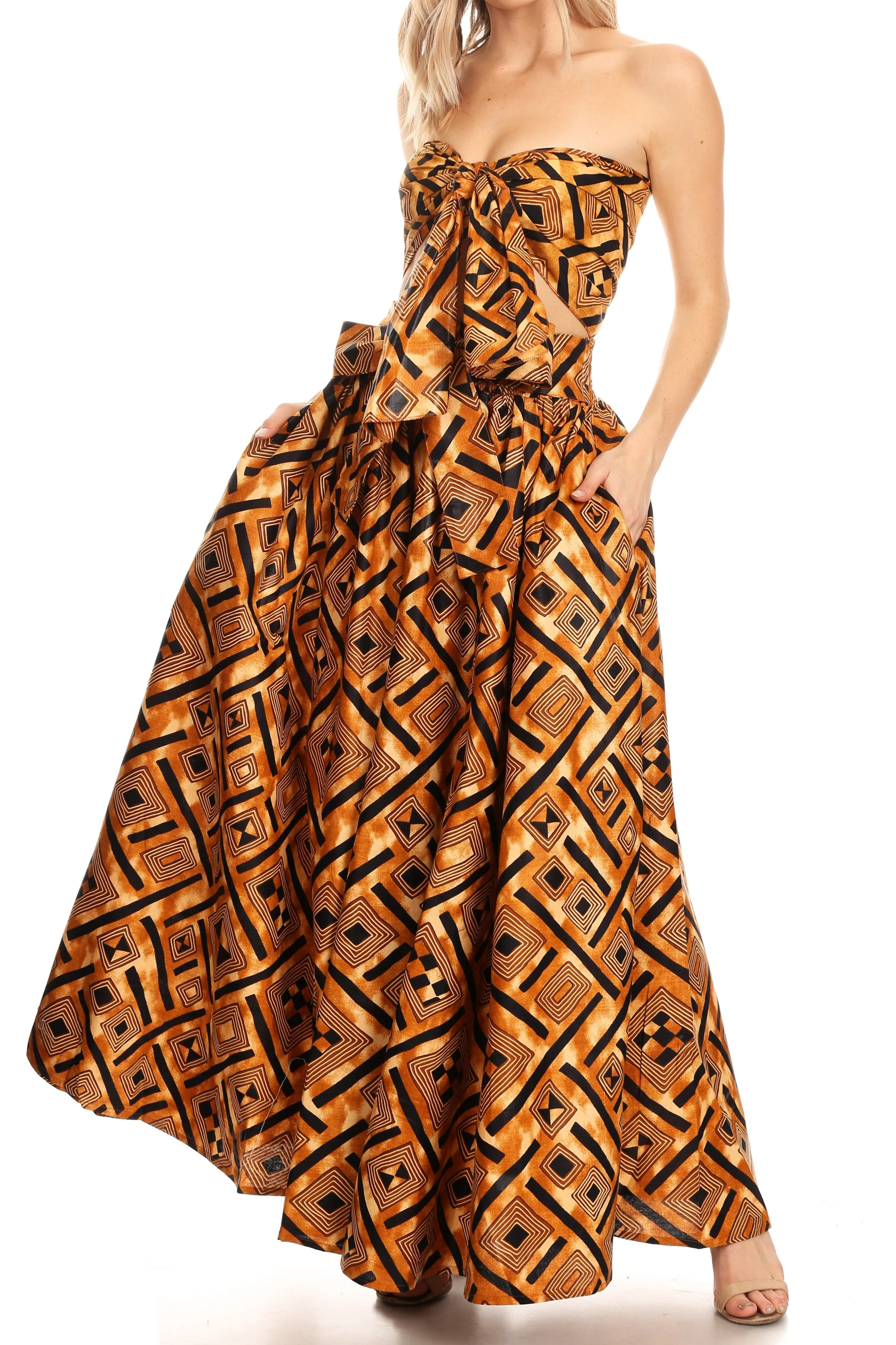 Sakkas Asma Convertible Traditional Wax Print Adjustable Strap Maxi Skirt | Dress