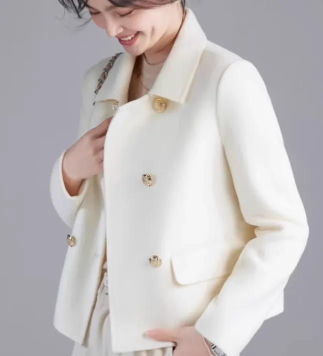 Short Double-Breasted Woolen Coat, Warm Double Face Wool Coat Jacket/3339