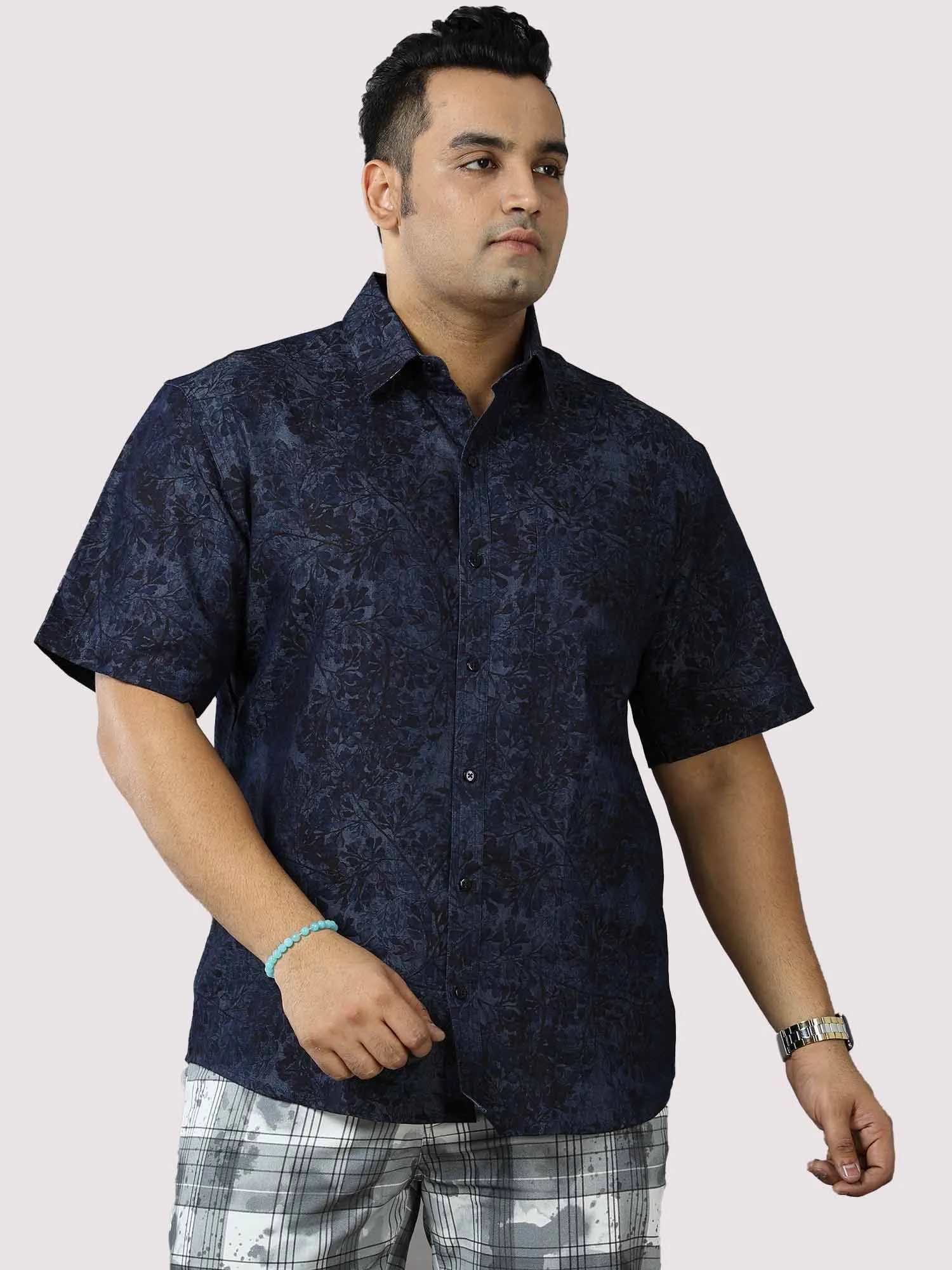 Sky Leaf Digital Printed Denim Half Sleeve Shirt Men's Plus Size