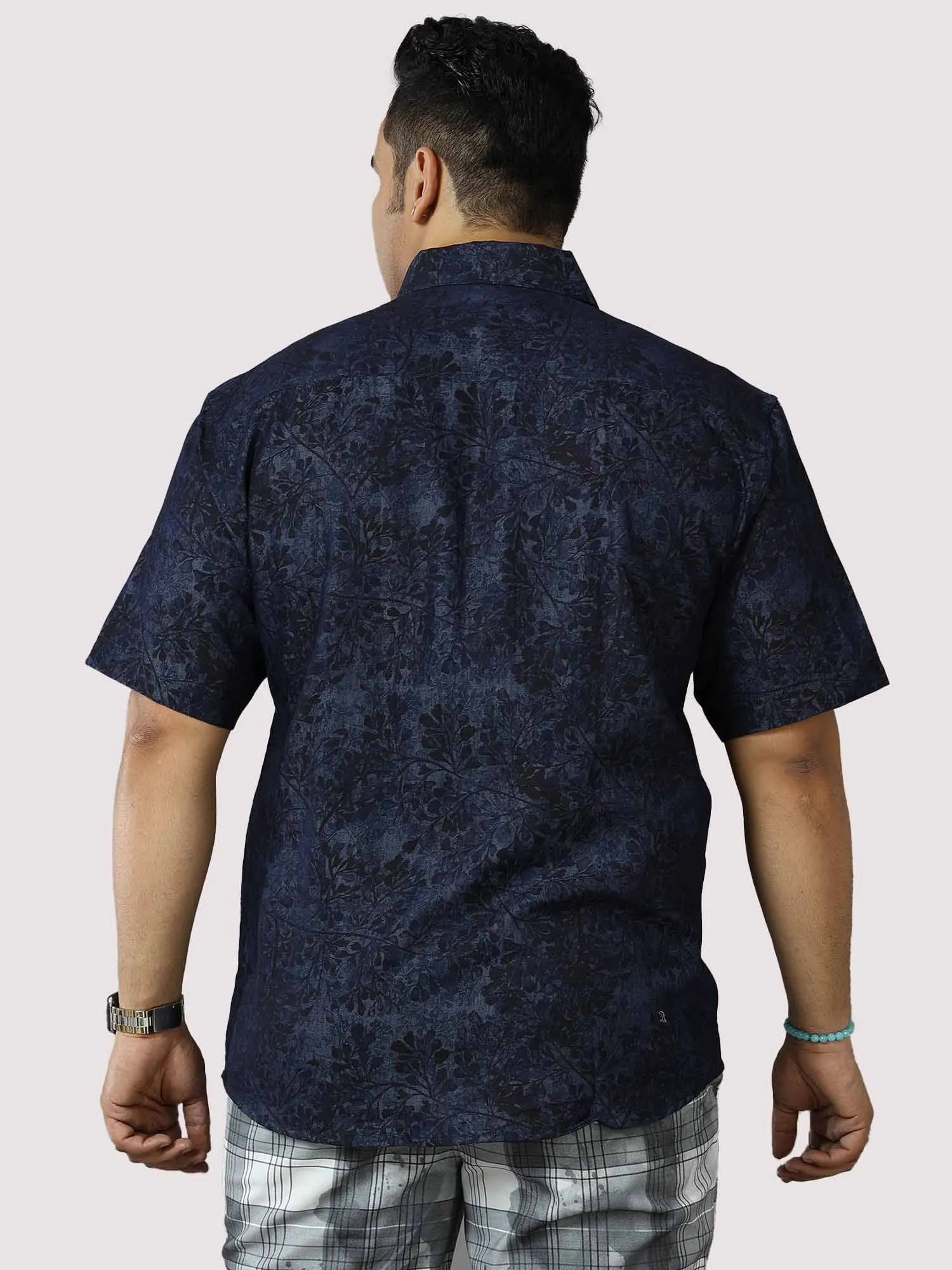 Sky Leaf Digital Printed Denim Half Sleeve Shirt Men's Plus Size