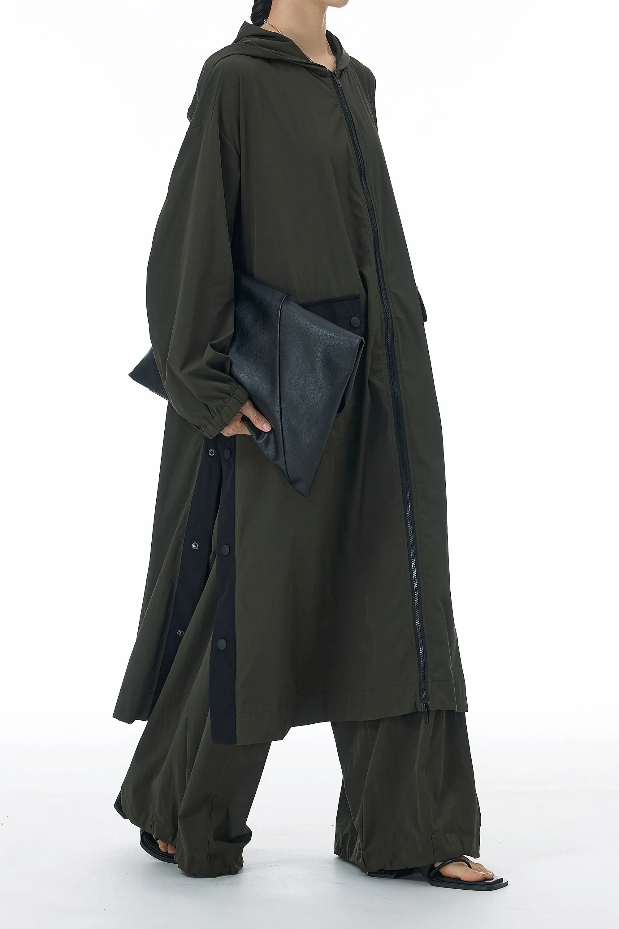 SnapHood Green Zippered Trench Coat