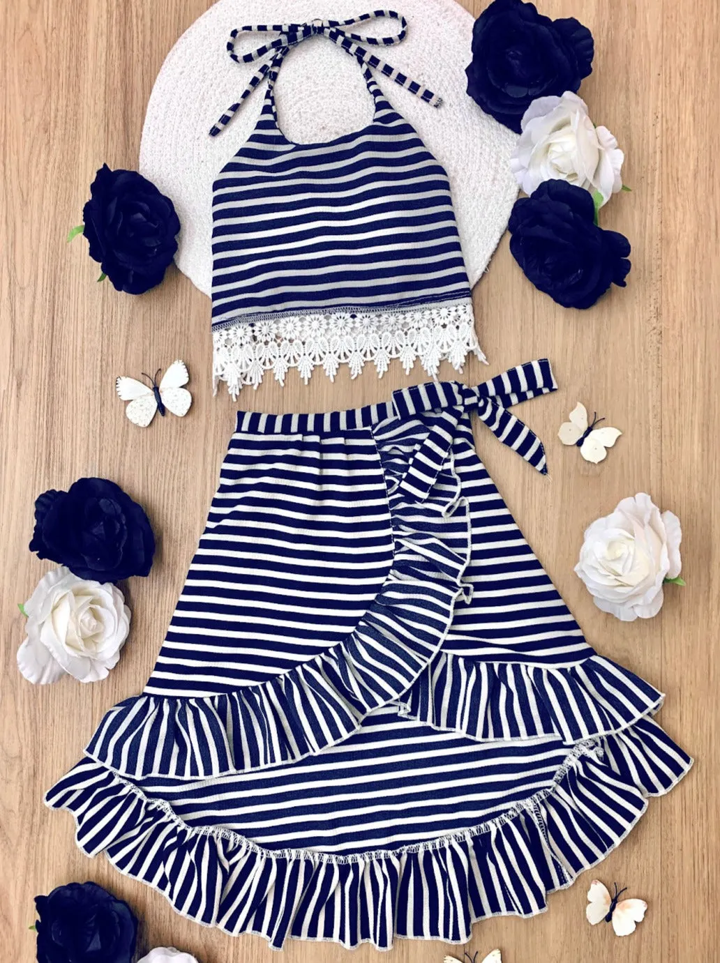 Striped Navy Faux Wrap Hi-Lo Skirt Set