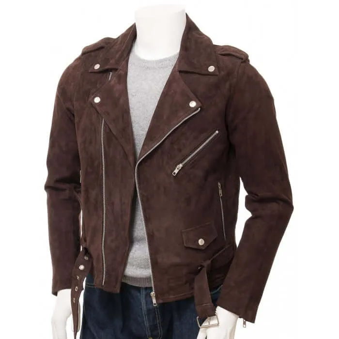 Stylish Handmade Men’s Brown Suede Biker Motorcycle Fashion Belted Jacket