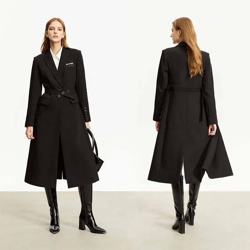 Trench Coats Slim-fit Long Belt Blazer Collar Solid Wide-waisted Lady Jackets