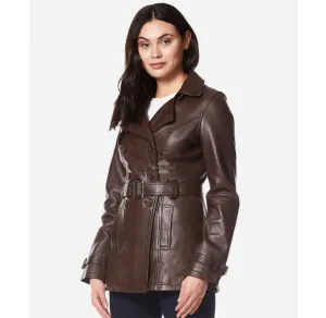 VENICE Ladies Leather Trench Coat Mid-Length Double Breasted Leather Coat for Women