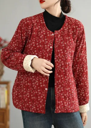 Vintage Red O Neck Button Print Thick Coats Winter QG040