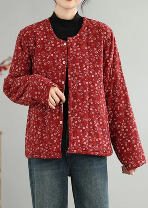 Vintage Red O Neck Button Print Thick Coats Winter QG040