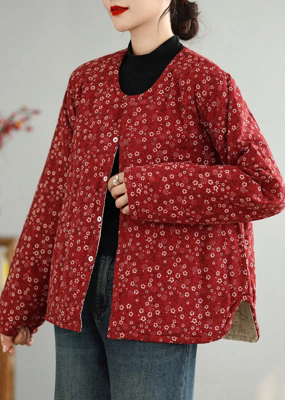 Vintage Red O Neck Button Print Thick Coats Winter QG040