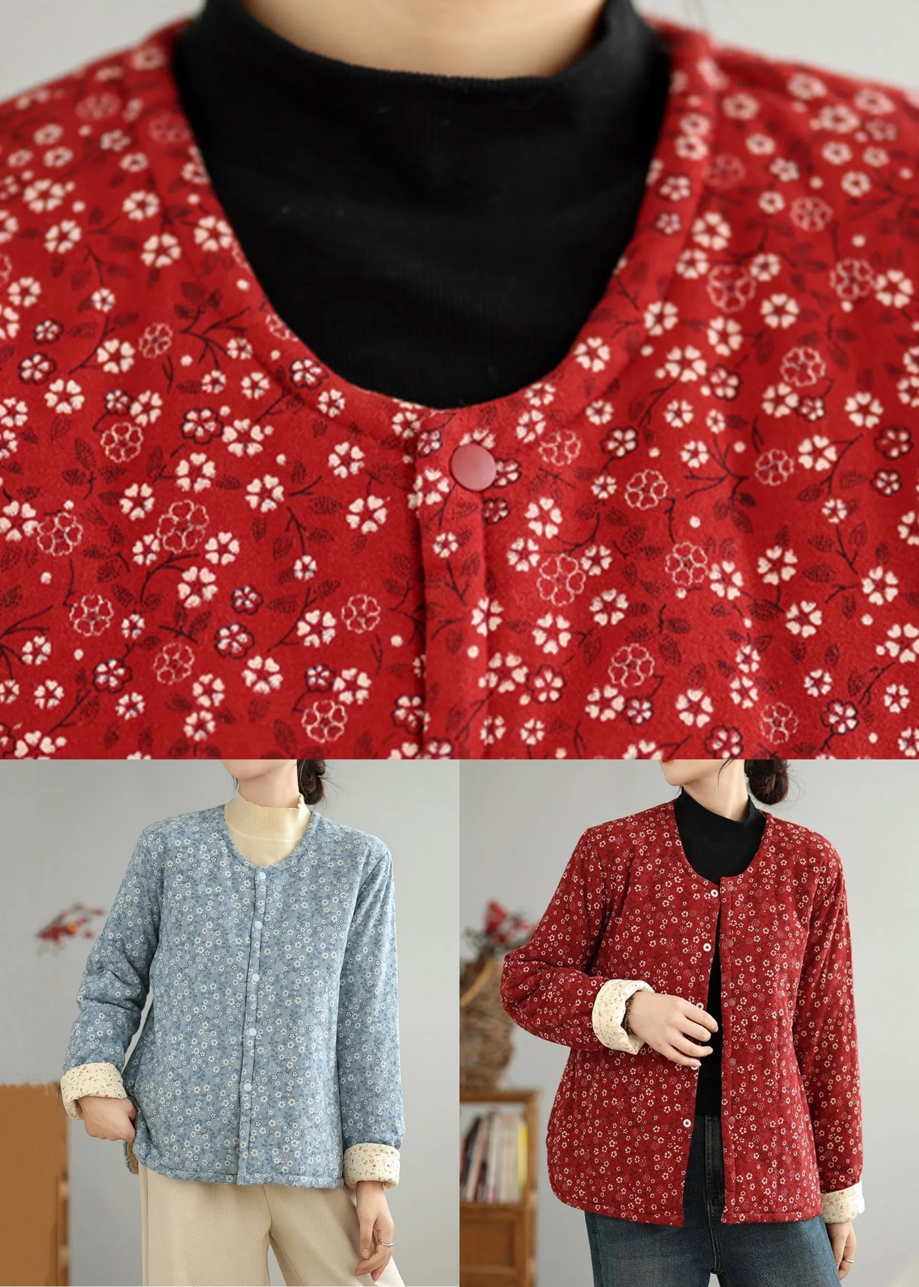 Vintage Red O Neck Button Print Thick Coats Winter QG040