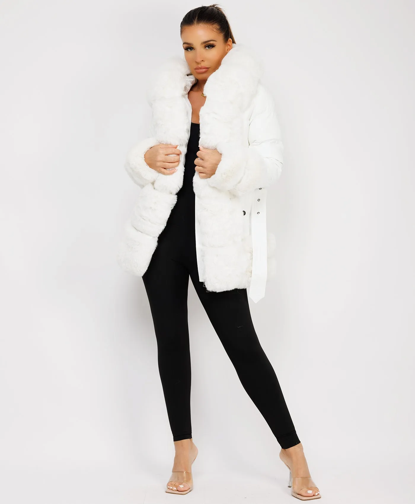 White Puffer Padded Jacket With Faux Fur Hood Cuff And Trim