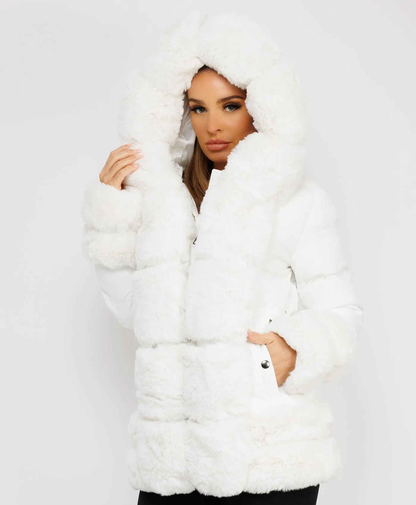 White Puffer Padded Jacket With Faux Fur Hood Cuff And Trim